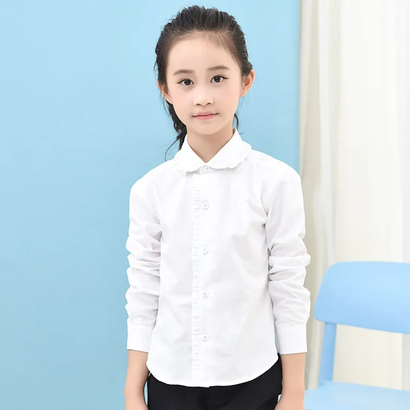 Блузки для девочек весенне осенние хлопковые рубашки подростков белые начальной