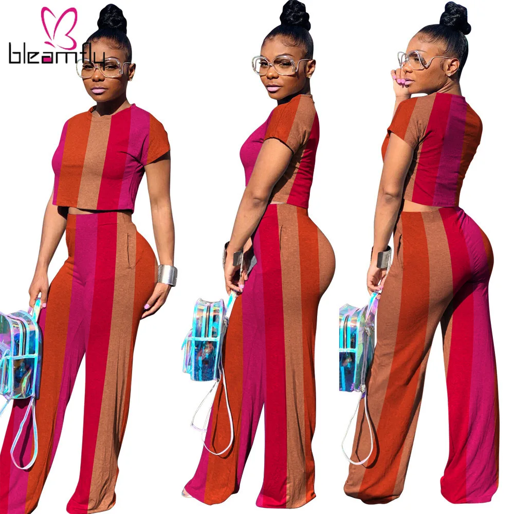 2019 женская летняя футболка в цветную полоску с коротким рукавом прямые брюки