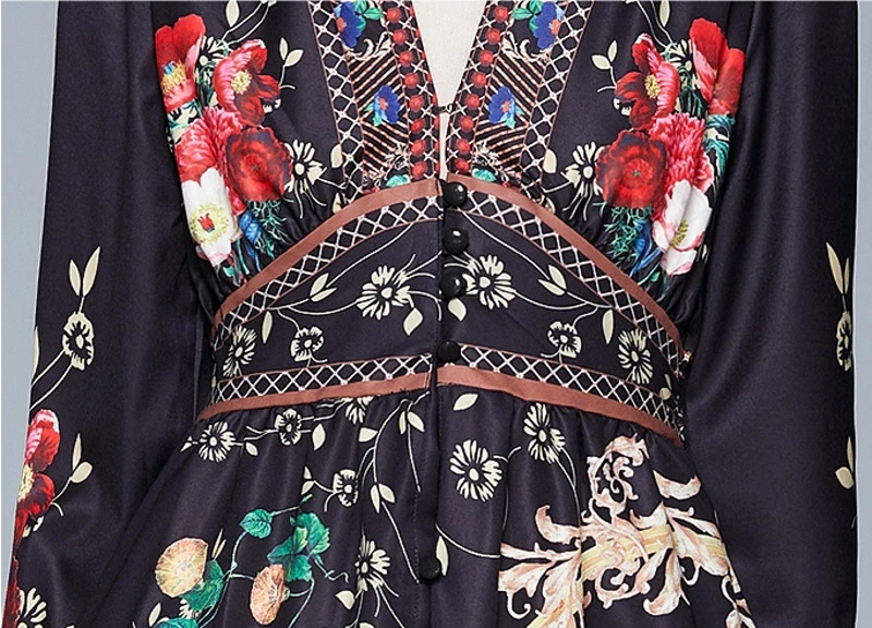 

2021 Spring Fashion Designer Runway Floral Long Dress Women long Sleeve V-Neck Single Breasted Elastic Waist Casual Dress