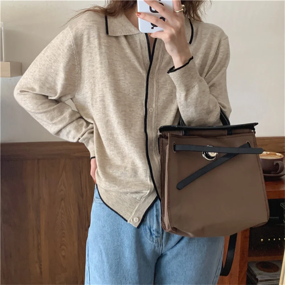 

Harajuku Korea Patchwork Slim-Fit Sweaters All Match Cardigans Knitted Full Sleeve Elegant Lady Work Wear Stylish Coats