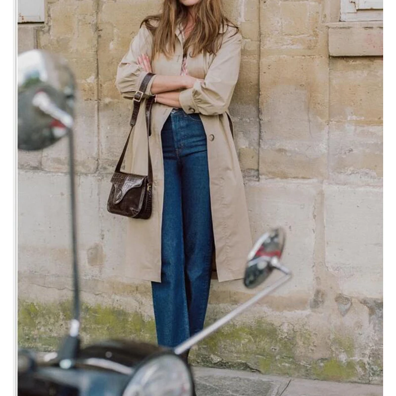 

Women Trench 2020 Autumn and Winter New Long Khaki Classic Waistband Trench Coat