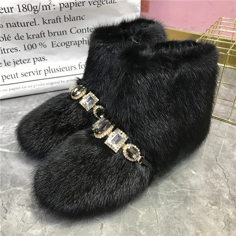 

Black Mink Fur Women Snow Boots Winter Warm Fur Boots Crystal Casual Flat Botas Mujer Outside Footwear Ankle Boot Short Booties