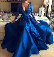 2022 Royal Blue Plus Size Party Dresses Sexy V-Neck Lace Long Sleeve Front Split Formal Evening Dresses Long Abendkleider