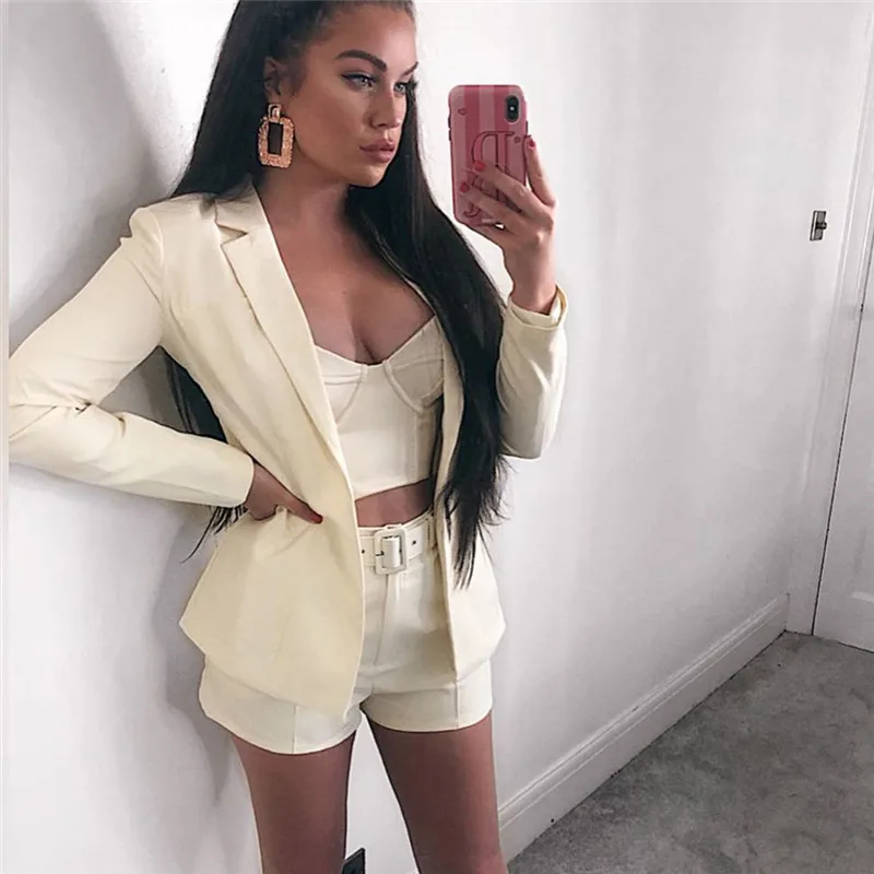 

2 Pcs Women Sets Solid Color Suits Sexy Fashion Blazer Shorts Sets Long Sleeve Lapel Cardigan Pocket Short Adjustable Waist Belt
