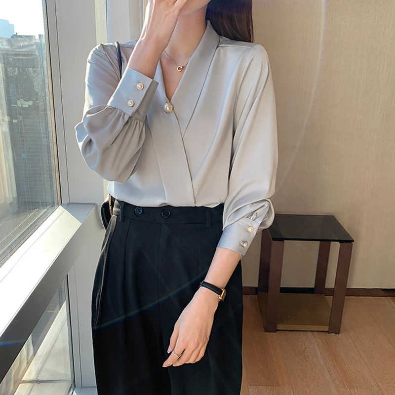 

Office Ladies Workwear S-2XL New Style Stain Chiffon Shirts Women Plus Size Pearl Korean V-neck Chic Solid Blouse Women
