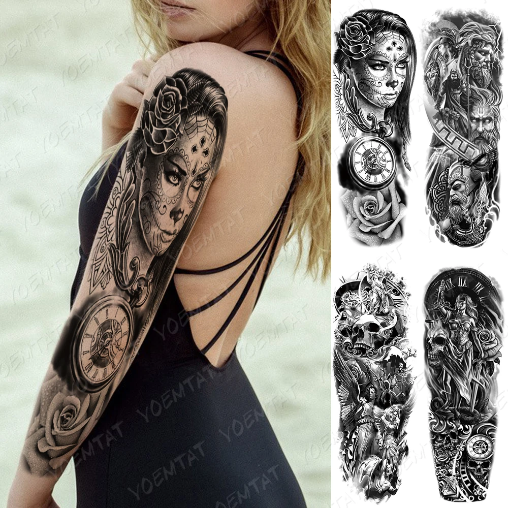

Waterproof Temporary Full Arm Tattoo Sticker Zeus Sea God Greek Goddess Clock Flash Tattoos Woman Body Art Fake Sleeve Tatto Men