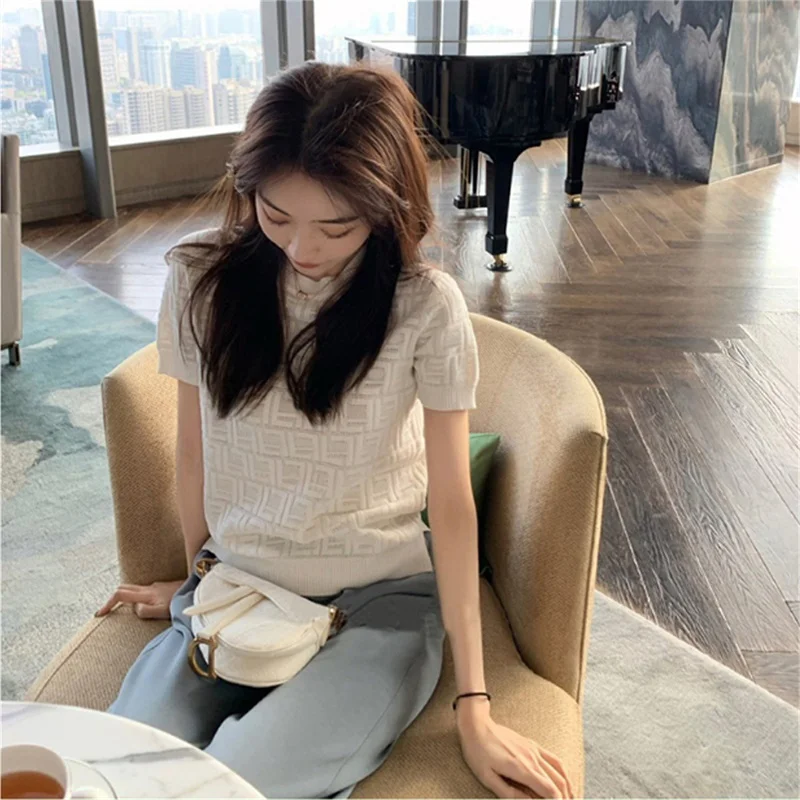 

New Spring/Summer 2021 Hollow Out Women Solid Color Top Women Blouse Short Sleeve For Women Knitted Tops Short Sleeve Sweater