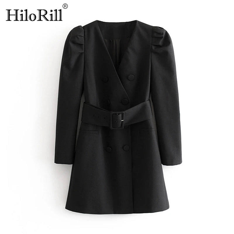 HiloRill женское Пышное Черное мини платье с длинным рукавом Осеннее Бандажное v