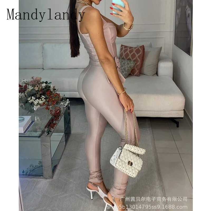 

Комбинезоны Mandylandy на бретелях-спагетти, без бретелек, с высокой талией, женские комбинезоны-карандаш, сексуальные однотонные облегающие Ко...