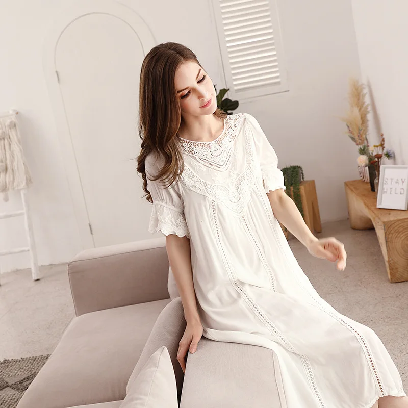 Spring Summer Cotton Women's Nightdress Sexy Lace Nightgown  V-neck Nightdwear Lady Court Style Retro Large Size Home Clothes