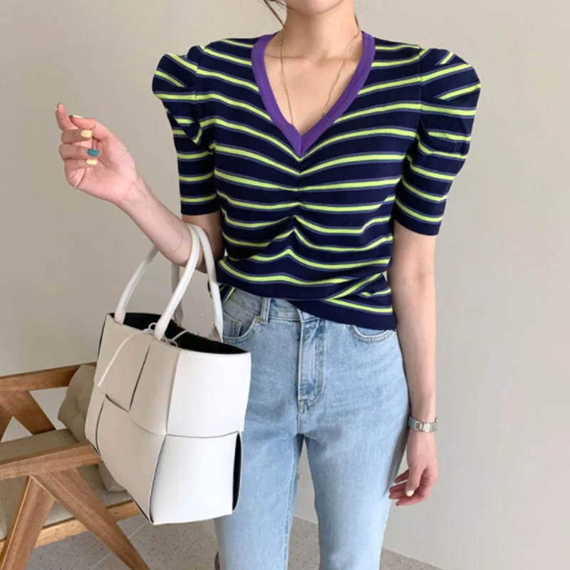 

Color Patchwork Linen summer crop top women V Neck Korean style Sweet home tank top Short Sleeves Loose Fit Chic Tops