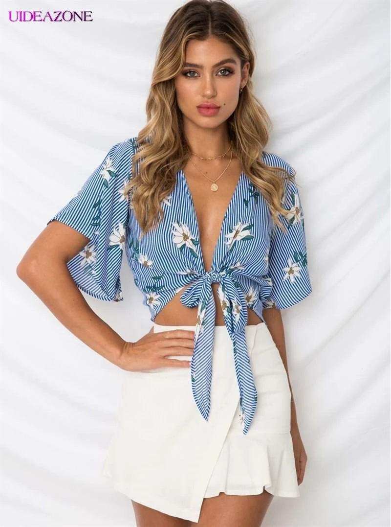 UIDEAZONE Модный женский летний укороченный топ с завязками сексуальный цветочным