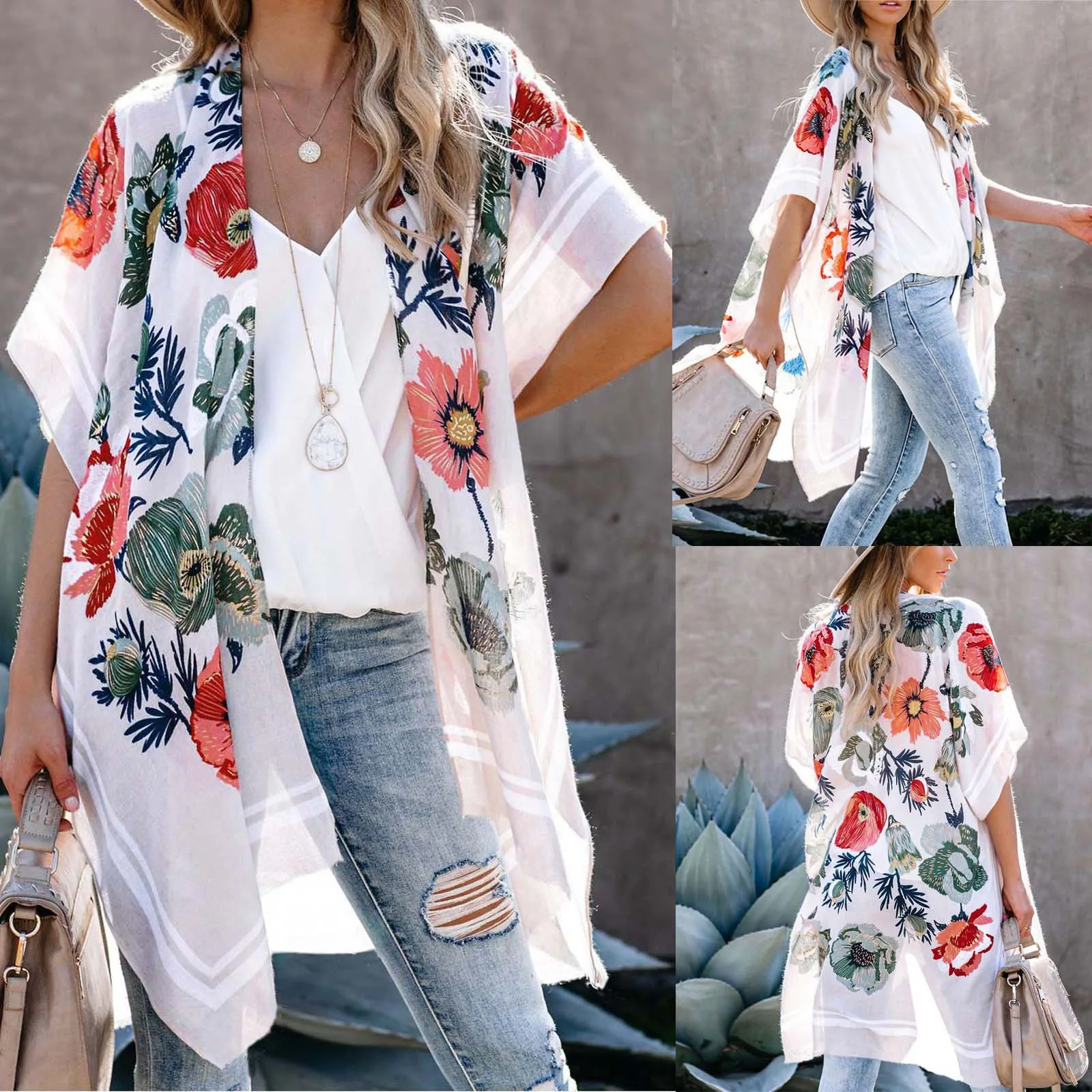 Ladies Chiffon Kimono Cardigan Shirt Flower Print Beach Long Top Shawl Loose Jacket Пляжная | Женская одежда