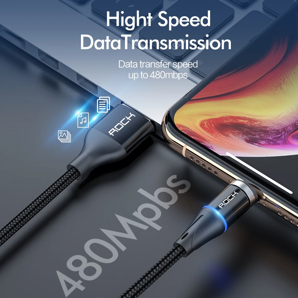 Магнитный кабель ROCK 5A (Micro Usb/ Type C) со светодиодной подсветкой для зарядки iPhone Xiaomi