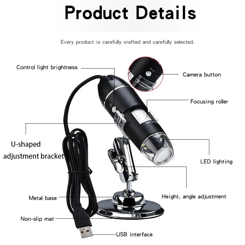 Microscopio digital de mano con 8 luces LED, lupa de cámara y regla de calibración, 1000X, USB, 40X-1000X