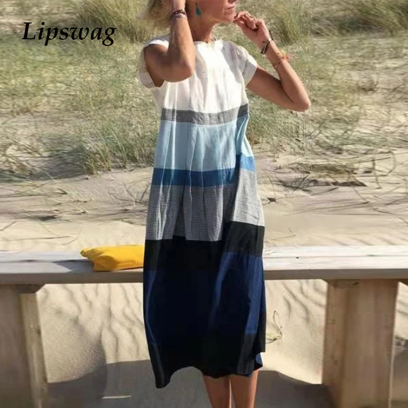 

2021 Summer Casual Women Midi Dress Vintage Striped Printed Loose Party Dresses Elegant Ladies Short Sleeve O-Neck Dress Vestido