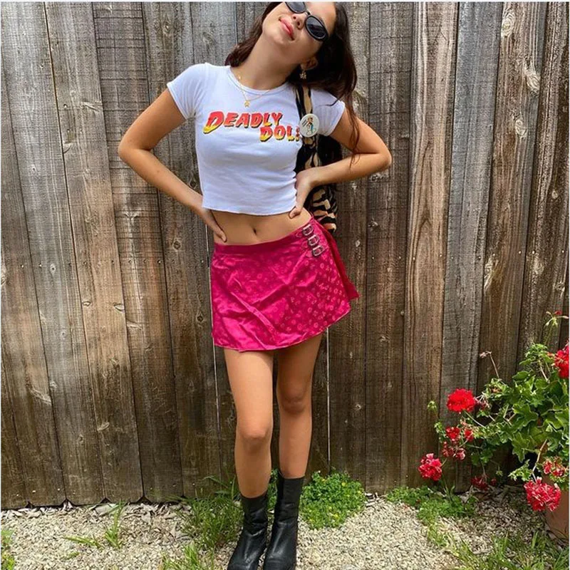 

Y2K Streetwear O-neck Short Sleeve Graphic Tees E-girl Fashion Print Cute White Crop Tops Harajuku Summer 90s Baby T-shirts Slim