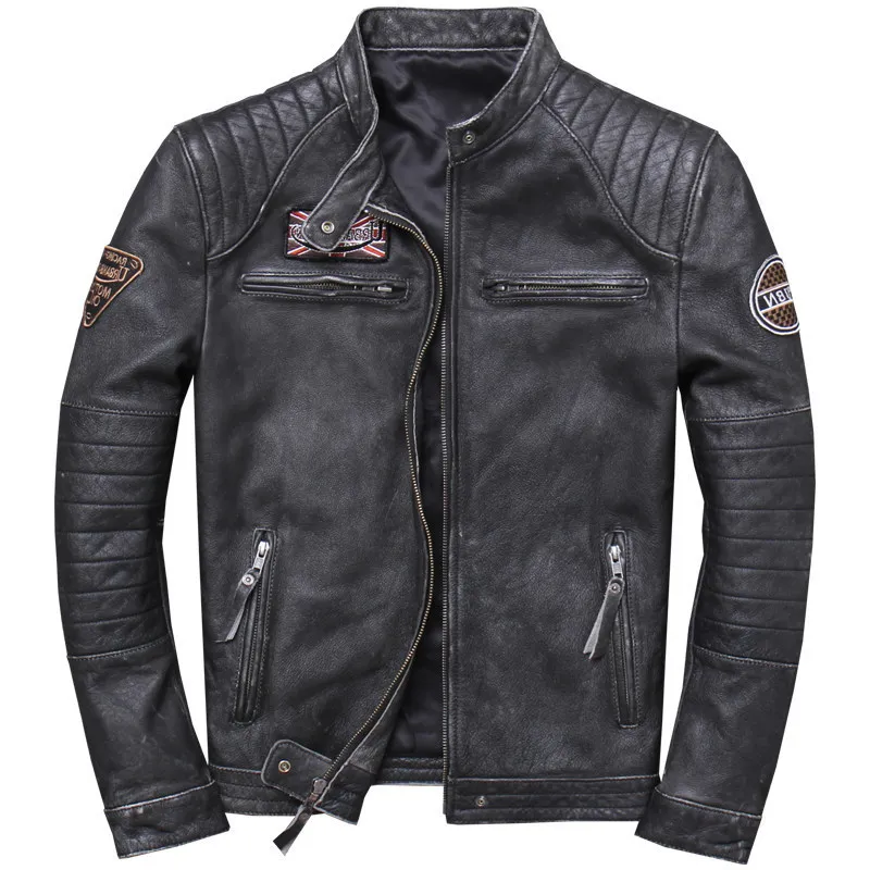 

Мужская приталенная байкерская куртка, черная винтажная мотоциклетная куртка из натуральной воловьей кожи, размеры до 4XL, весна 2020