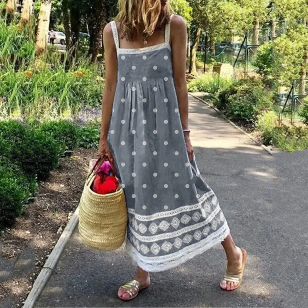 

Sleeveless dress Loose bohemian beach dress Women Summer Point Print Beach new Dress Strap Big Swing Lace Maxi dresses
