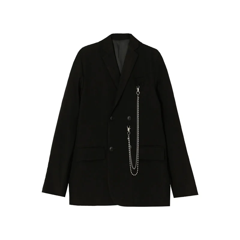 

Male Streetwear Hip Hop Vintage Fashion Suit Coat Outerwear Men Chain Double Breasted Causal Loose Blazers Suits Jacket