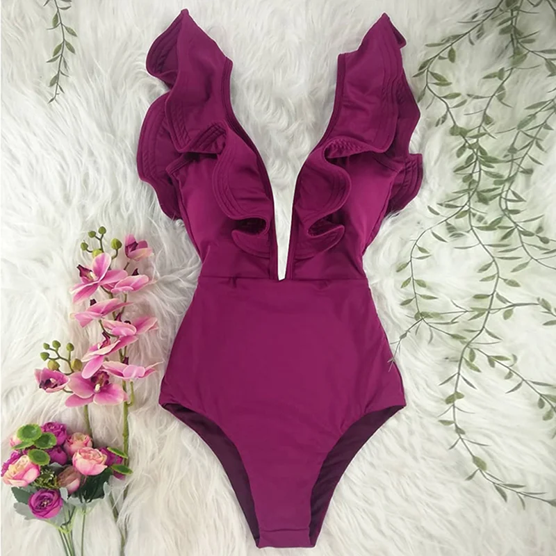 

2021 Summer New Sexy Ruffled Asymmetric Printed Floral One-piece Swimsuit Off-shoulder Swimwear Women's Beachwear Swimsuit