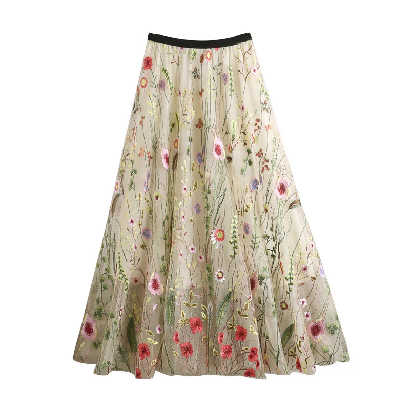 

Skirt Mesh Summer Fashion Women Flowers Embroidery Long Skirt Ladies Elegant Voile Appliques Mid-calf Swing Skirts