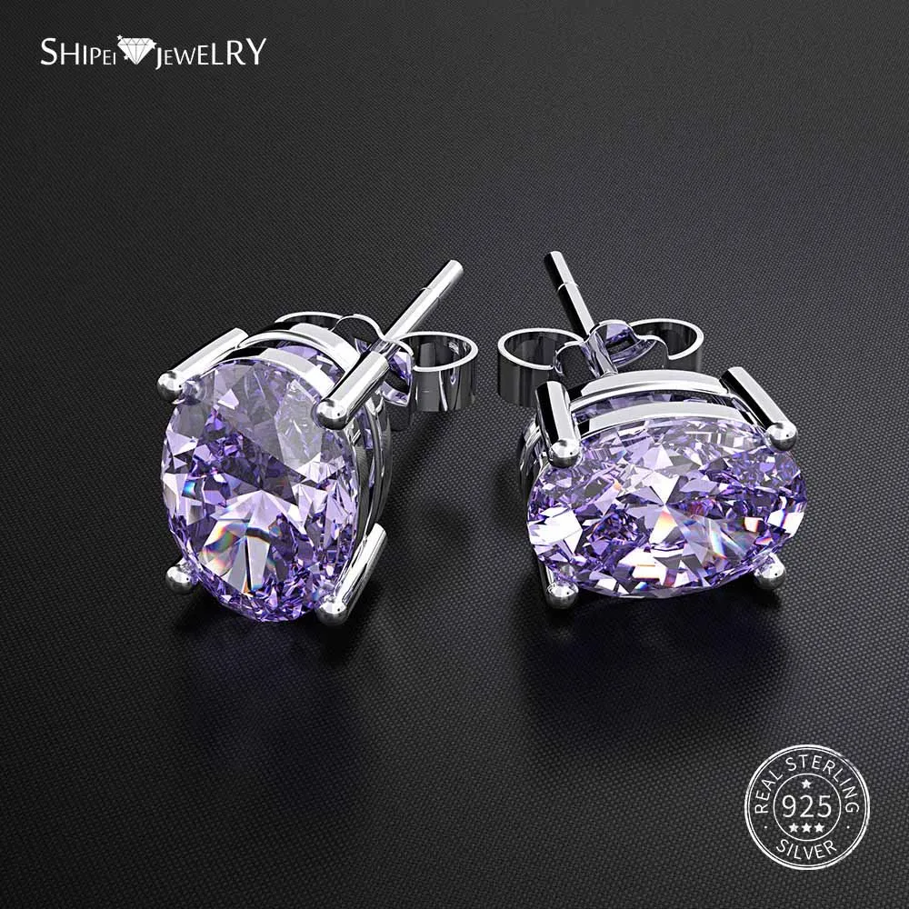 Purple Sapphire Shipei 925 пробы серебряные ювелирные изделия Сапфир Изумруд Рубин гипоаллергенные овальные серьги-гвоздики для женщин подарок на день рождения - Цвет камня: Purple Sapphire