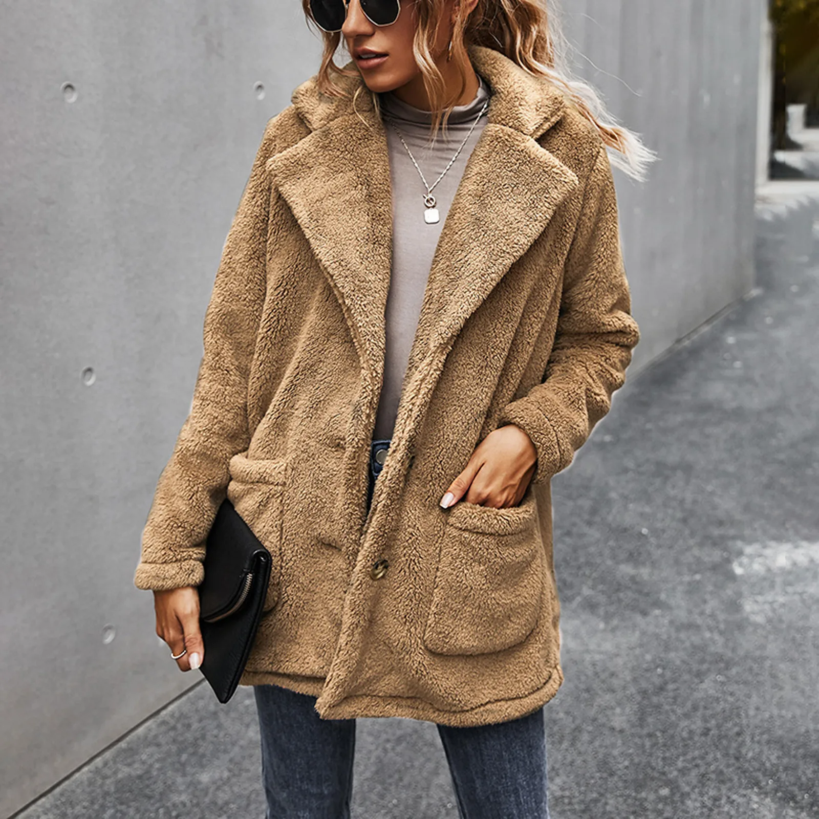 Осенне-зимняя женская куртка однотонное флисовое пальто с карманами и длинными