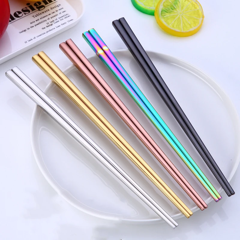 

1 Pair Chopsticks Stainless Steel Chopsticks Gold Silver Reusable Chopstick Sushi Metal Food Sticks Chinese Tableware Kitchen