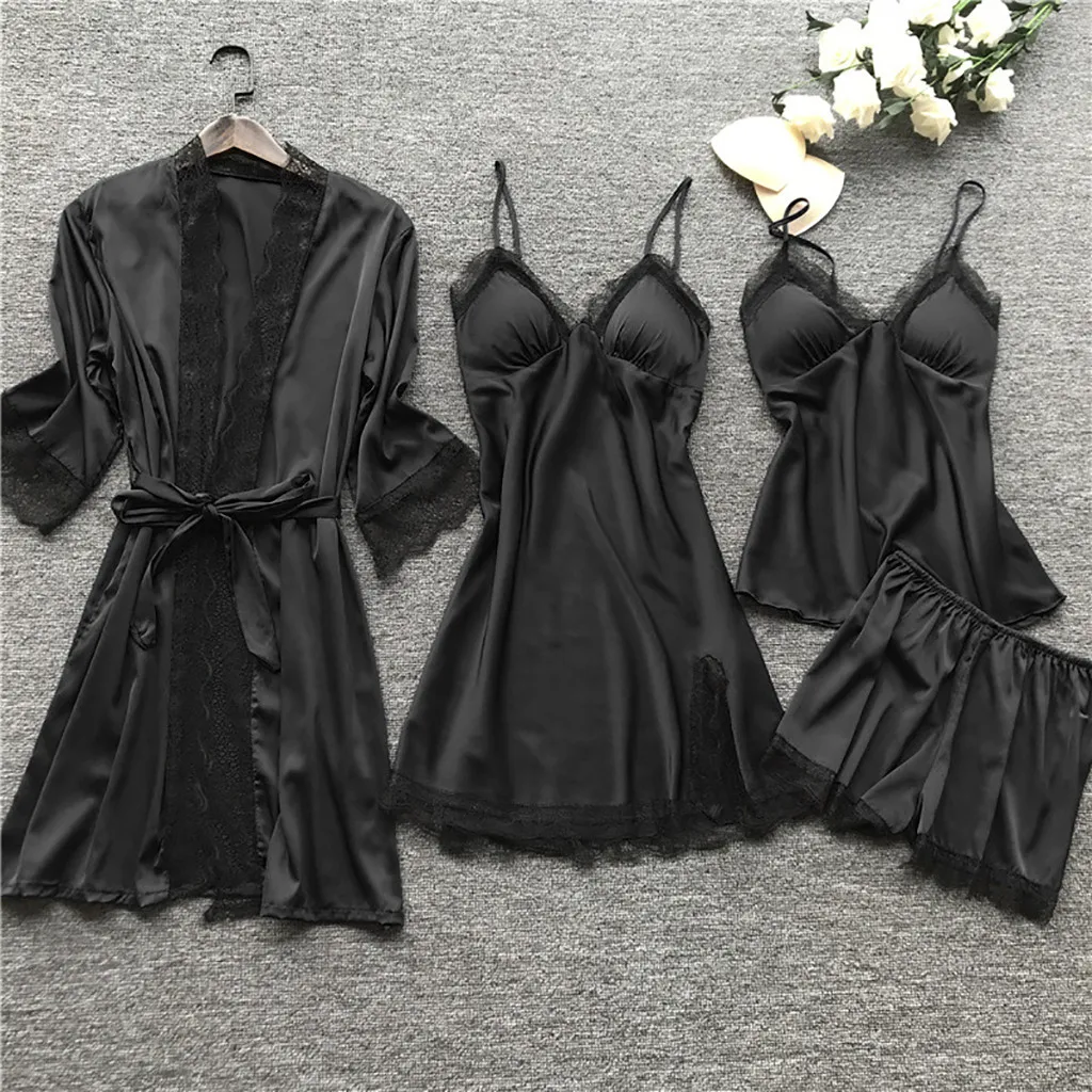 

4Pcs Women Sexy Lingerie Robe Gowns Payama Set Lace Floral Kimono Dress Babydoll Nightdress Sleepwear Shorts Pants Payama Set
