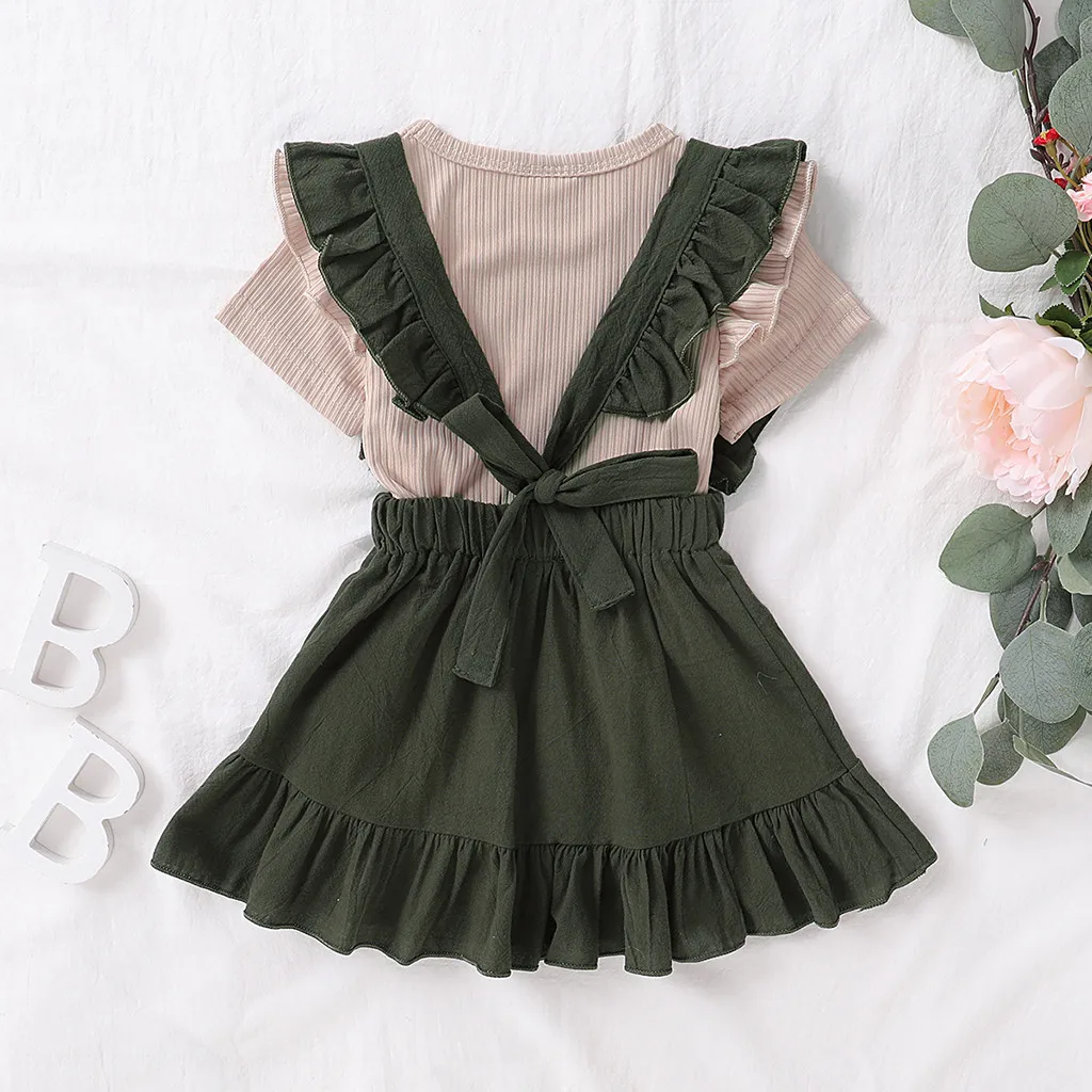 toddler baby set girl fashion summer outfits Solid T-shirt Tops+Ruffle Suspender Skirts Outfits Sets vestiti bambino t5 | Мать и ребенок