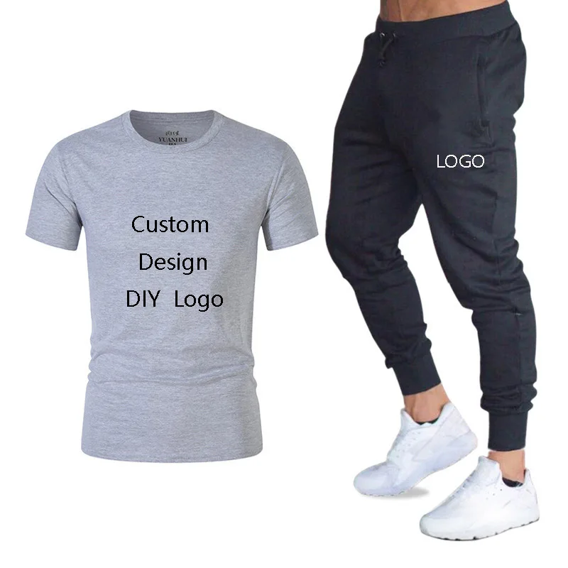 

2Pcs Men's Sets Cotton Short Sleeve Pant Sportswear Fashion T-shirt+ Sweatpants Casual Tracksuit Men DIY Custom Logo Text Design