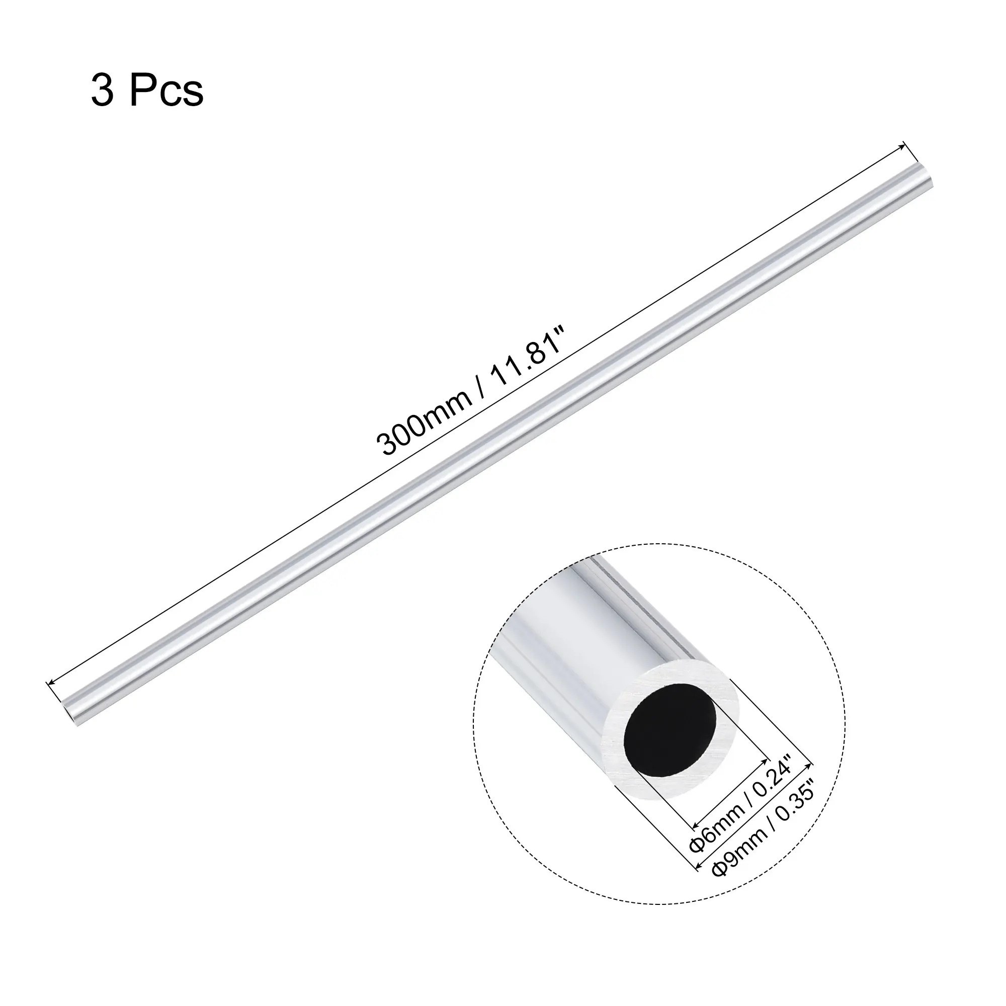 

Uxcell 6063 Aluminum Round Tube 9mm OD 6mm Inner Dia 300mm Length Pipe Tubing 3 Pcs