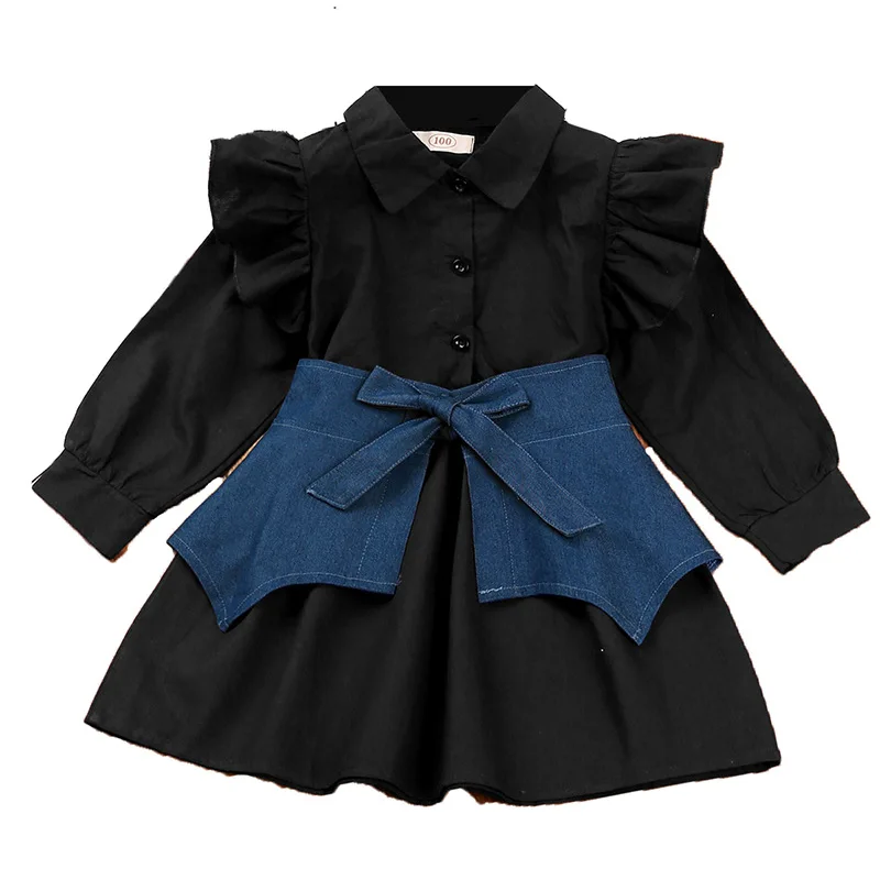 

1-6Y Fashion Kids Girls Spring Clothes Sets 2pcs Black Color Long Sleeve Shirt Dresses + Denim Waist Seal