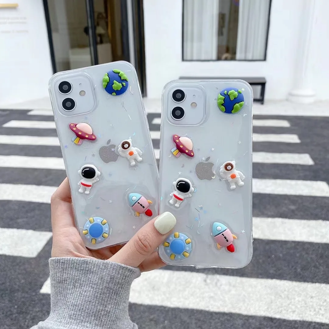 Симпатичный 3D космический астронавт Прозрачный блестящий чехол для iPhone 12/11 ProMax XR
