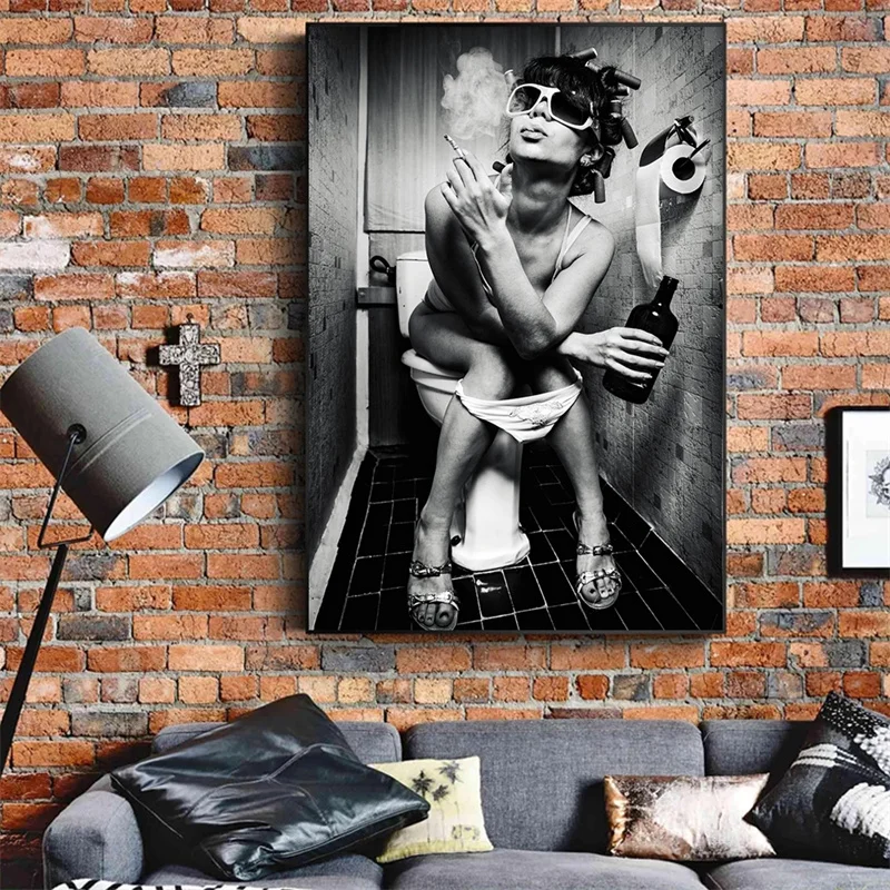 

Sexy Girl Sit in a Toilet Nordic Canvas Art Posters And Prints Black and White Woman Smoke and Drink in Restroom Picture Poster