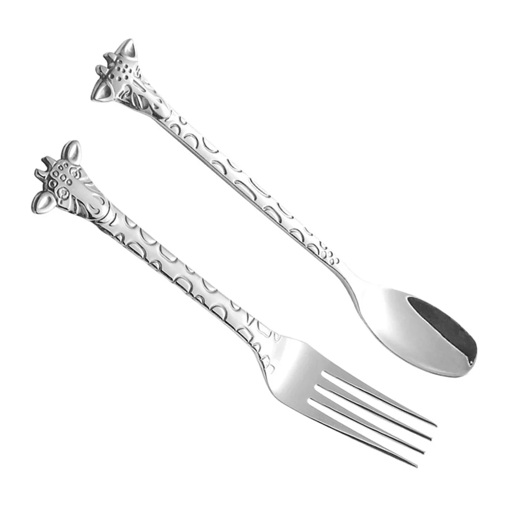 

2pcs Dessert Spoon and Fork Set Stainless Steel Mixing Spoon Cartoon Cake Forks for Home Restaurant (Silver)