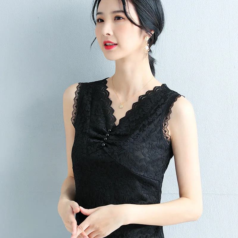 

Women lace Tops Shirt New 2021 Summer Sleeveless V-Neck Black T-Shirt Elegant Slim Plus Size M-4XL Women's vest Tank