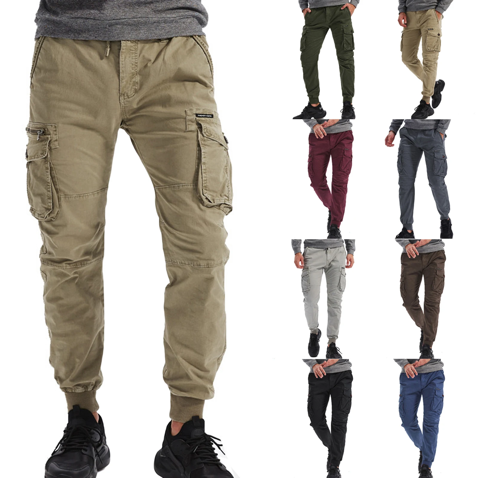 

Men Cargo Pants Autumn Casual Pants Solid Color Tied Middle Waist Tight-Ankle Loose Trousers with Pockets Plus Size 8 Colors