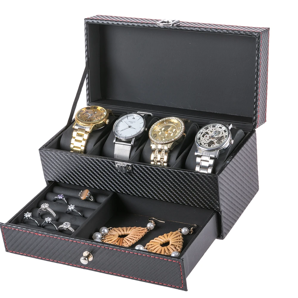 

3 Colors PU Leather Double Layer 4 Watch Rings Bracelet Jewelry Storage Organizer Box With Drawer