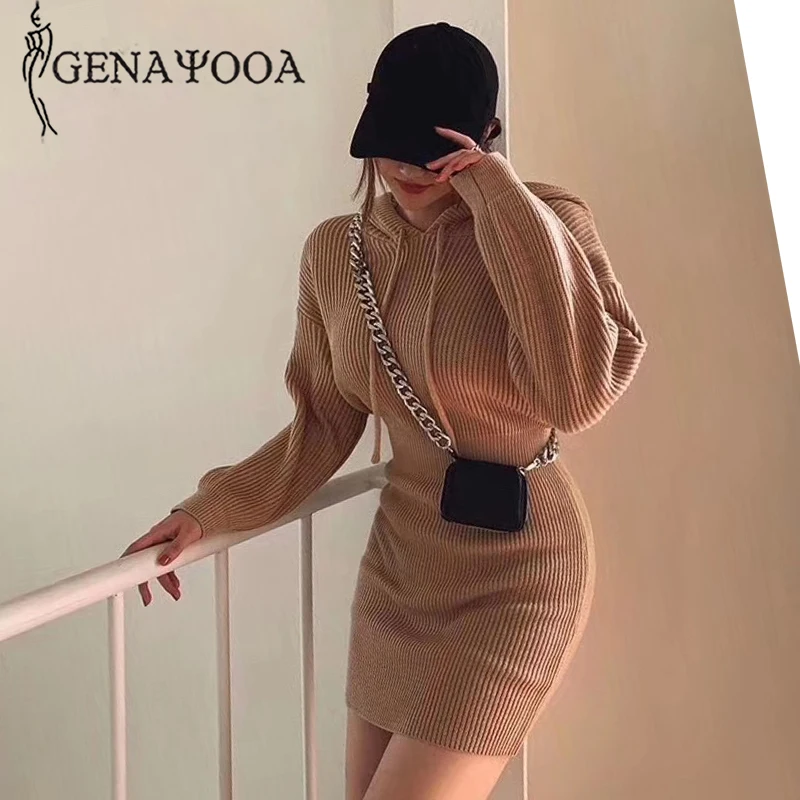 

Genayooa Sexy Sweater Dresses Long Sleeve Bodycon Dress Casual Knitted Korean Hooded Dresses Woman Party Night 2019 Winter