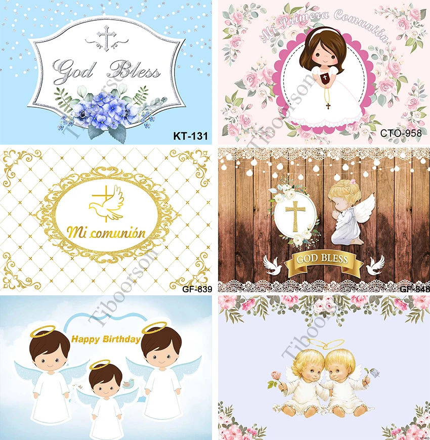 Newborn Baby Baptism Backdrops Decor God Bless Green Leaves Golden First Holy Communion Photo Background Banner Collection