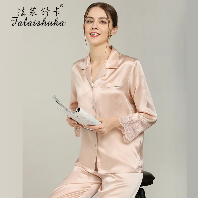 100% Silk Pajamas Sets For Women Full Sleeve  Two Pieces Set  Red Pink 2021 New Summer  Lady Silk Home Wear Sleepwear