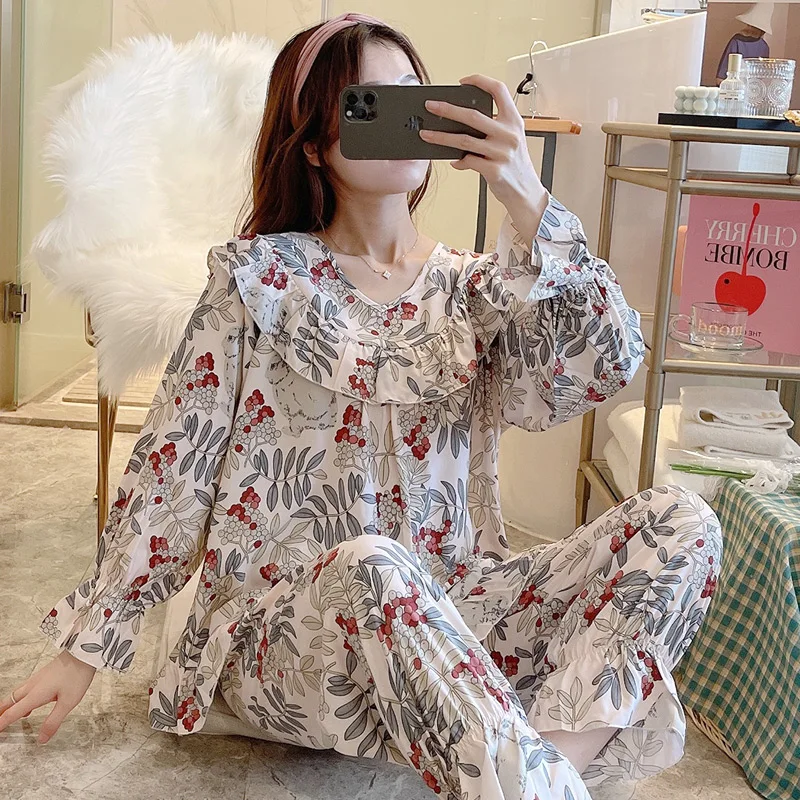 Poplin Pajamas Womens Spring and Autumn Fresh Floral Silk Home Clothing Sweet Princess Style Artificial Cotton Suit
