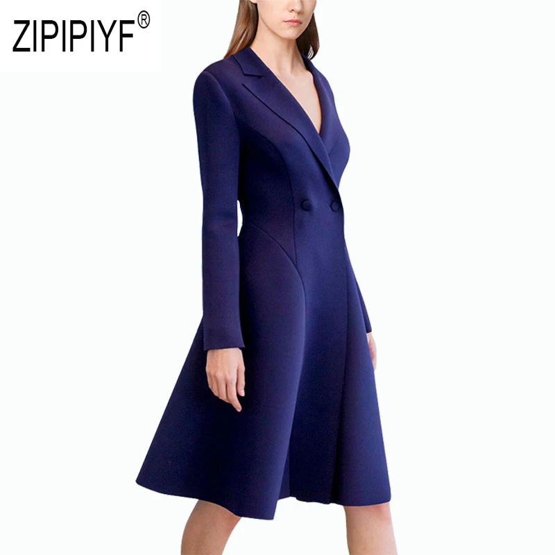 

Noble Fashion Women 2019 Autumn Dresses Notched Neck Long Sleeve Double-breasted High Waist Dresses Elegant Office Dresses Z2294