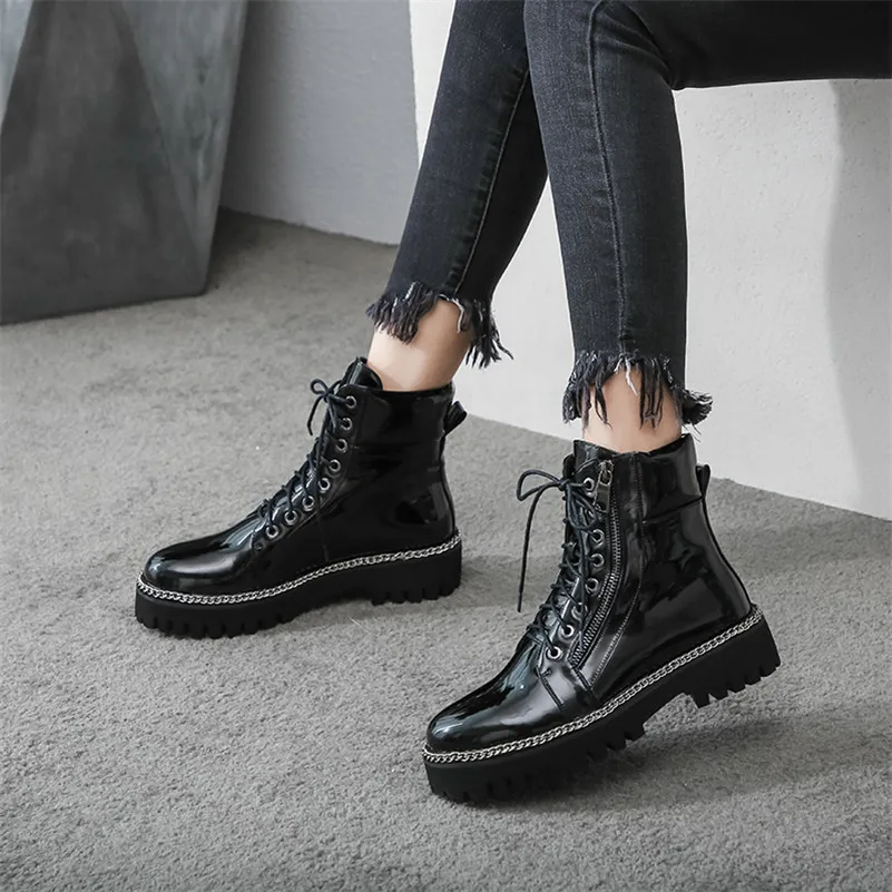 

Meotina Women Ankle Boots Shoes Chain Platform Flat Short Boots Zipper Lace Up Flat Ladies Footwear Autumn Black Plus Size 34-44