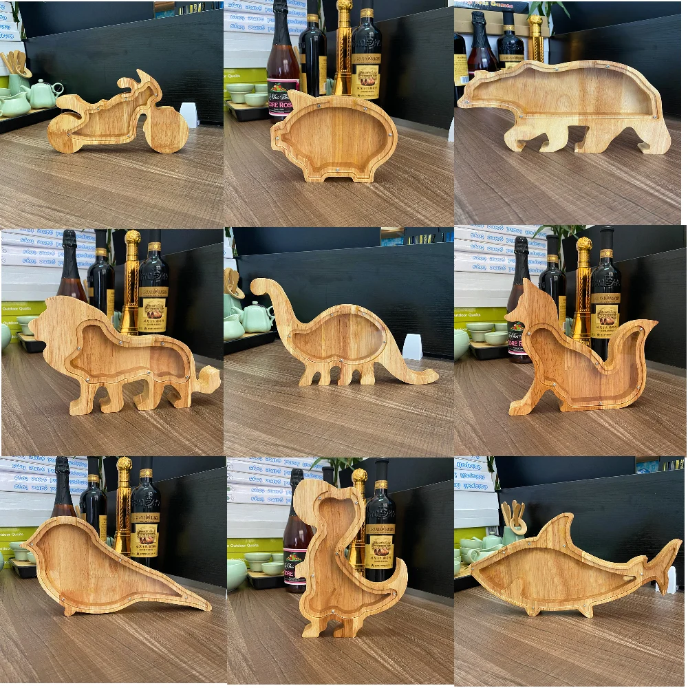 

Cute Wooden Animal Piggy Bank Dinosaur Pig Cat Fish Bear Animal Money Box Clear Glass Children Coin Piggy Bank