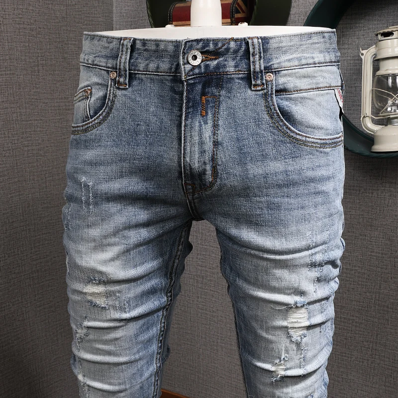 European American Vintage Fashion Men Jeans Retro Light Blue Elastic Slim Fit Ripped Jeans Men Patchwork Designer Denim Pants