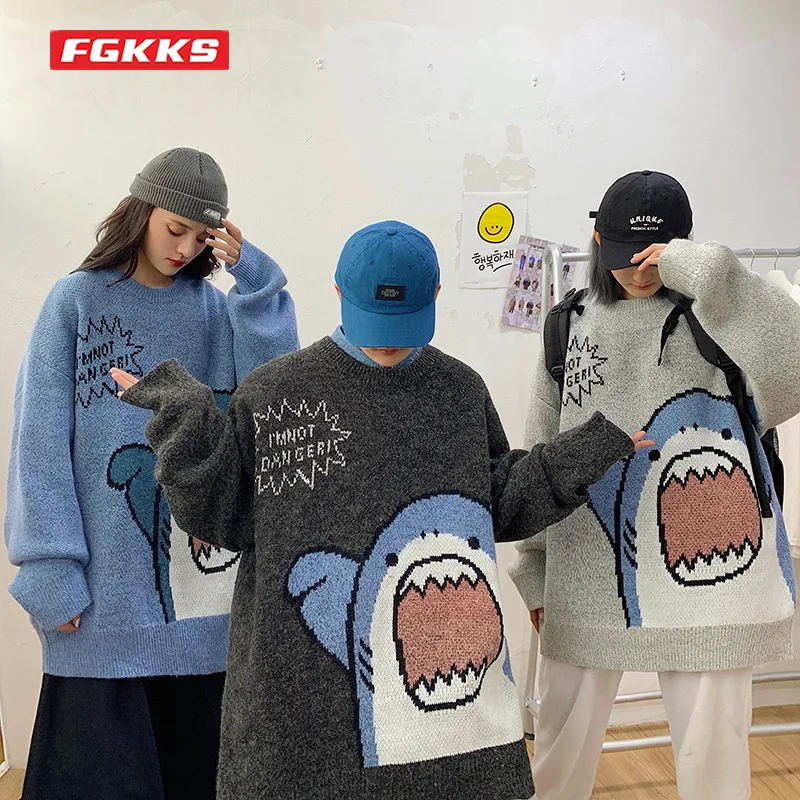 Men's Shark Sweater Autumn and Winter Patchwork Harajuku Cartoon Cute Shark Turtleneck Men's and Women's Round Neck Sweater