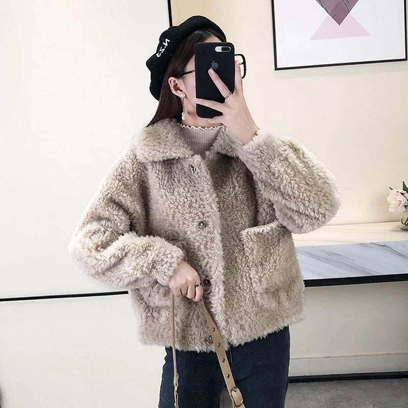 Women Winter Genuine Fur Sheepskin Coats Ladies Loose Casual Wool Outwear Female Thick Warm Sheep Shearing Jacket X105